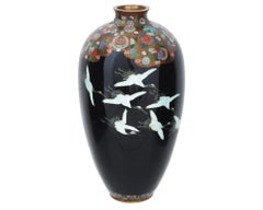 Large Antique Meiji Japanese Cloisonne Enamel Flying Cranes Vase
