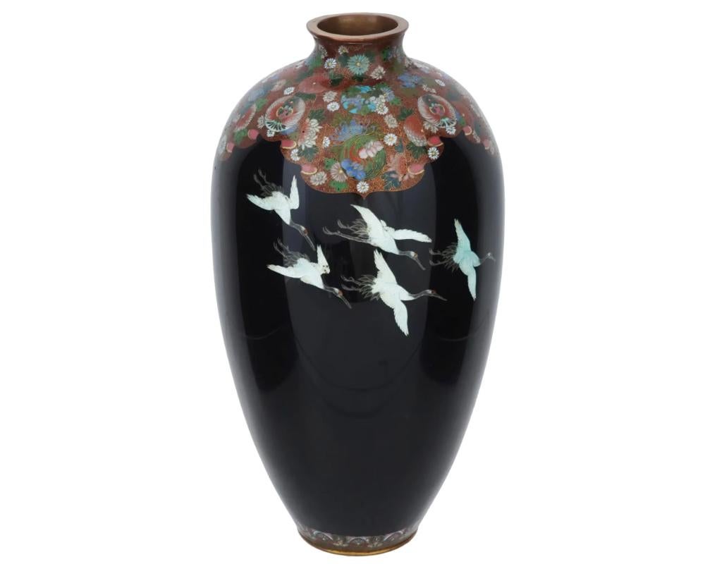 Cloissoné Large Antique Meiji Japanese Cloisonne Enamel Flying Cranes Vase For Sale