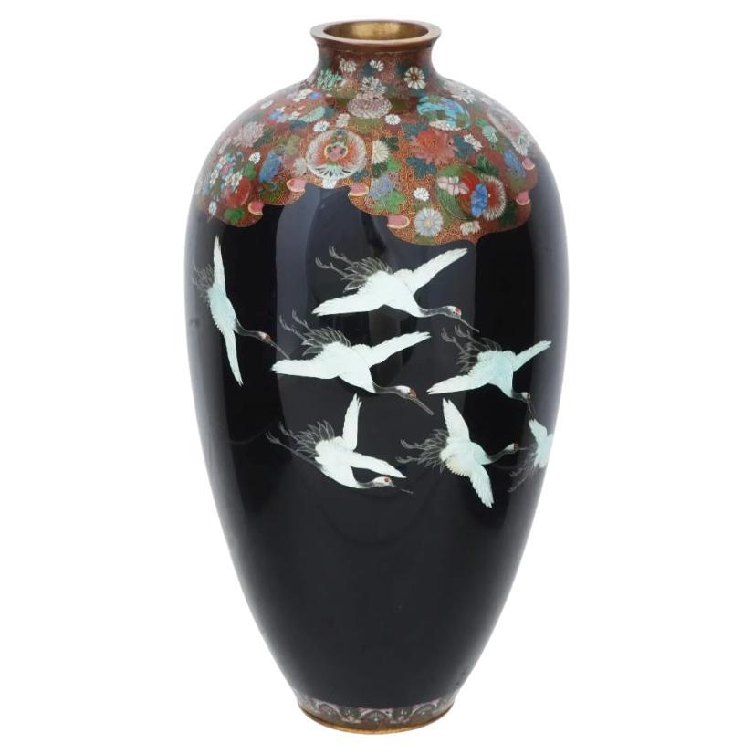 Large Antique Meiji Japanese Cloisonne Enamel Flying Cranes Vase For Sale