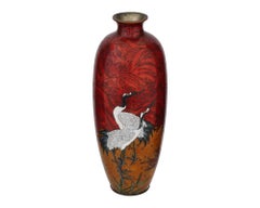Grand vase ancien Meiji japonais en émail cloisonné avec grue rouge