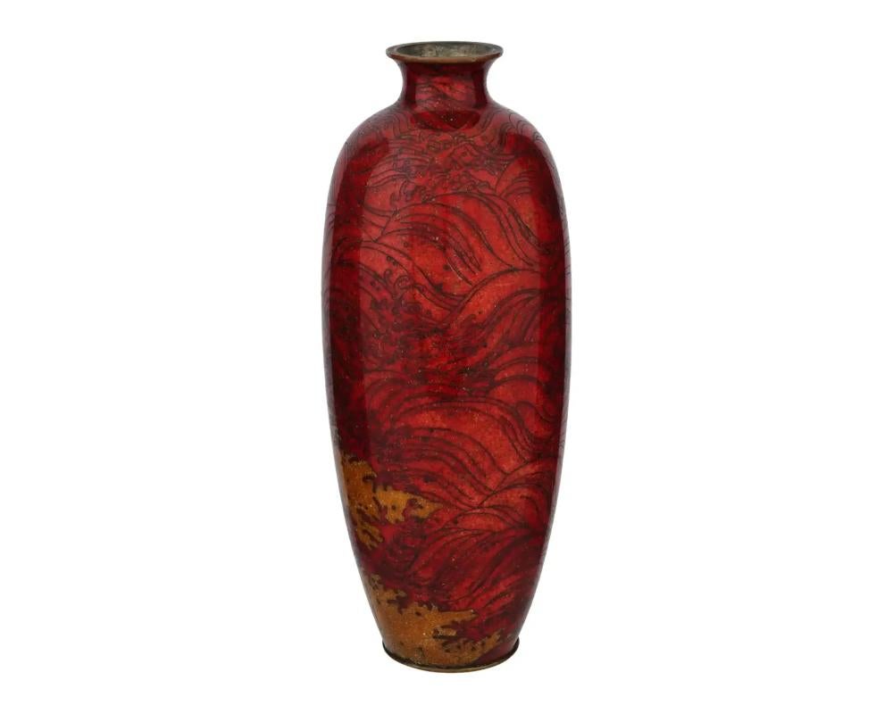 Cloissoné Large Antique Meiji Japanese Cloisonne Enamel Red Crane Vase For Sale