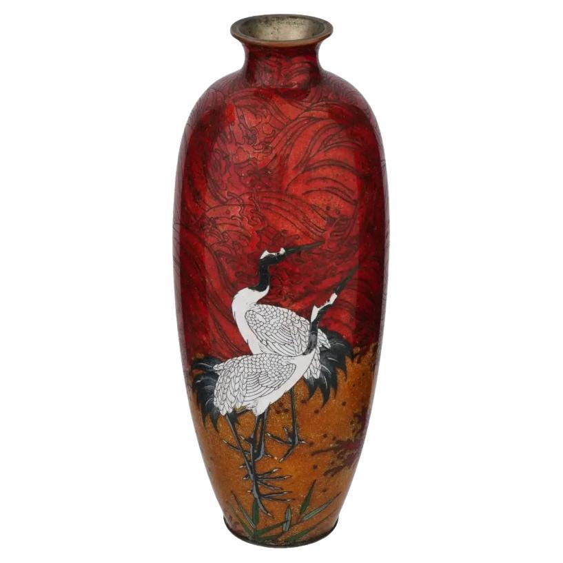 Large Antique Meiji Japanese Cloisonne Enamel Red Crane Vase For Sale