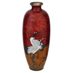 Large Antique Meiji Japanese Cloisonne Enamel Red Crane Vase