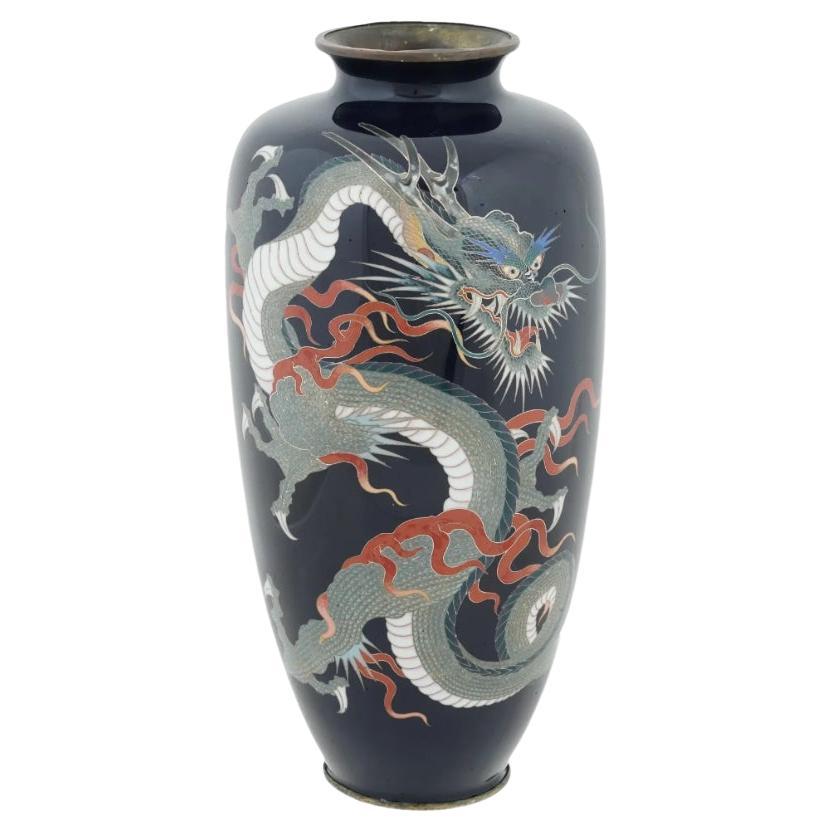 Grande vaso antico Meiji Japanese Cloisonne Enamel Silver Wire Dragon Firmato