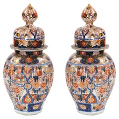 Large Antique Meiji Period Imari Porcelain Lidded Jars Urns