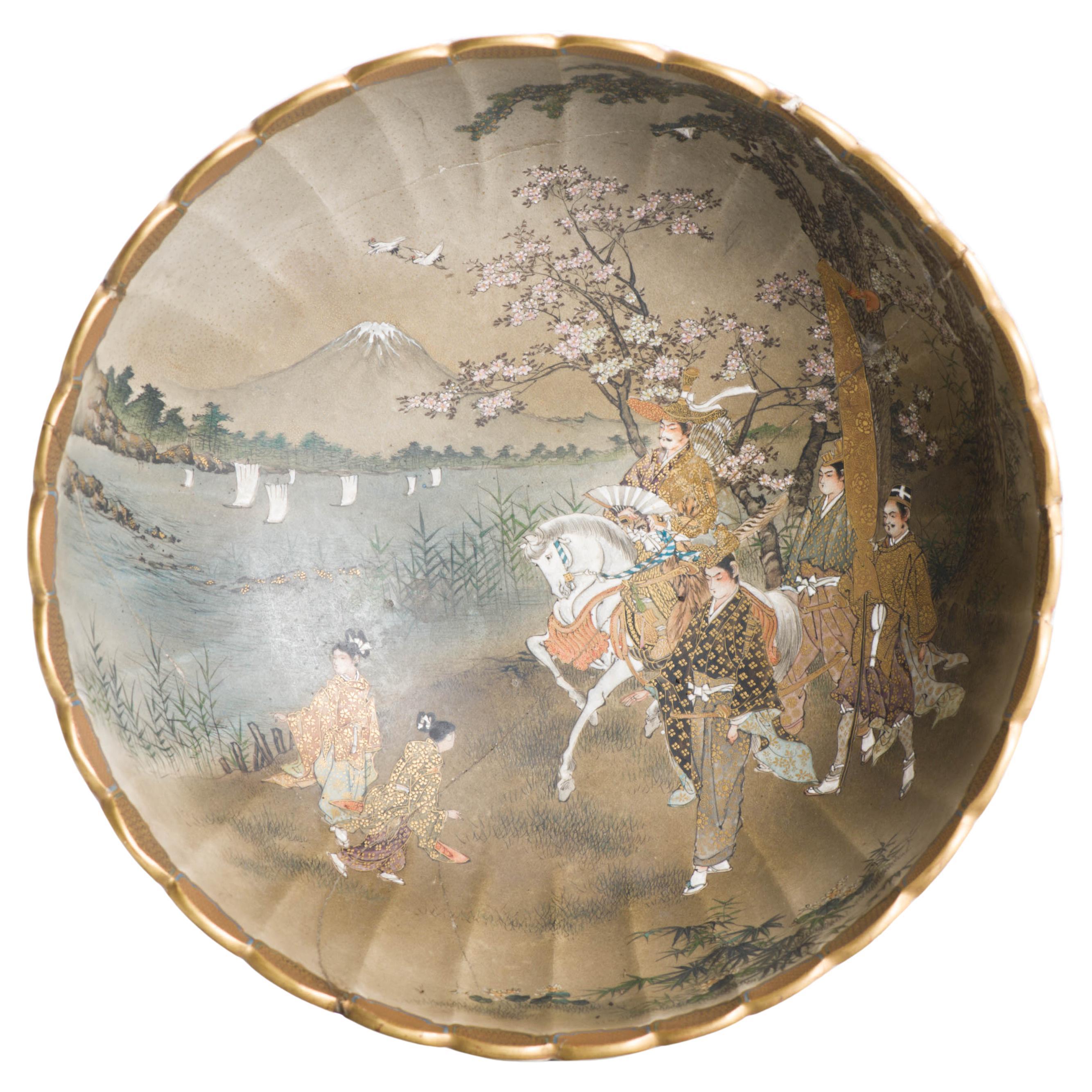 Large Antique Meiji period Japanese Satsuma Bowl Figures with mark Japan 19c