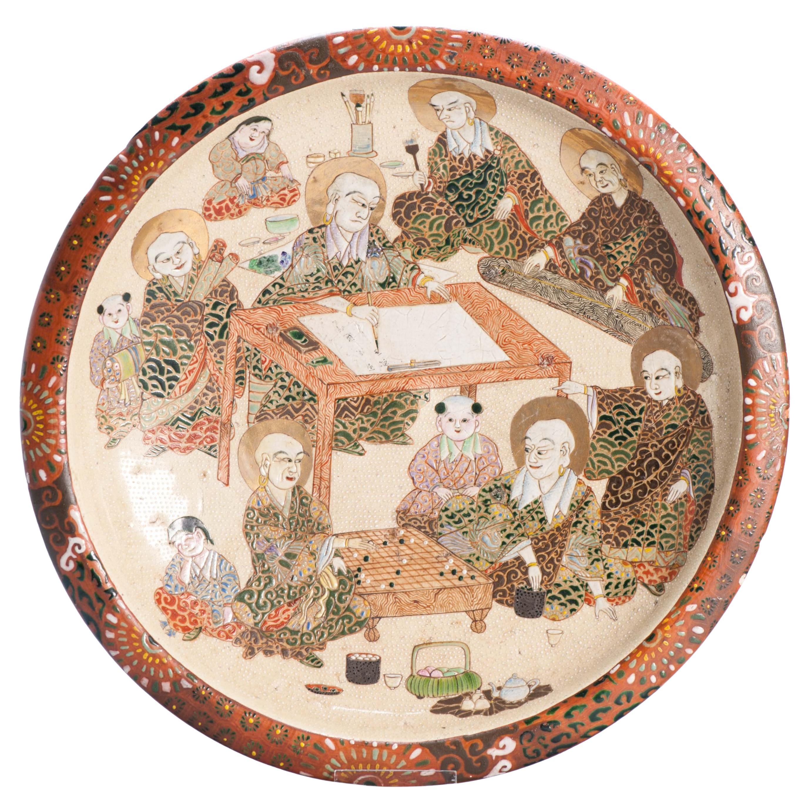 Large Antique Meiji period Japanese Satsuma Plate After with Arhats / Lohans