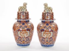 Large Antique Meiji Period Porcelain Imari Lidded Jars Urns