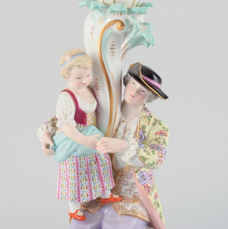 Rococo Revival Large Antique Meissen Candlestick in Hand-Painted Porcelain, 19th C For Sale