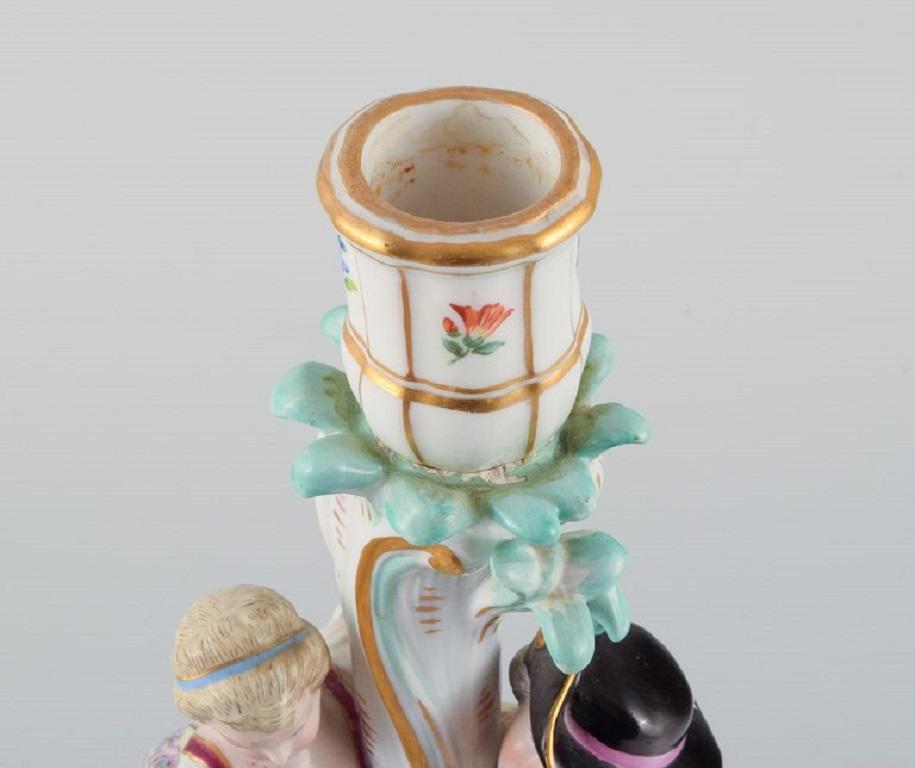 19th Century Large Antique Meissen Candlestick in Hand-Painted Porcelain, 19th C For Sale