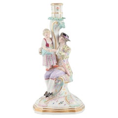 Large Antique Meissen Candlestick in Hand-Painted Porcelain, 19th C