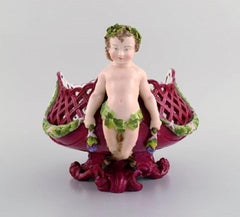 Large Antique European Centrepiece in Openwork Hand-Painted Porcelain with Fauns