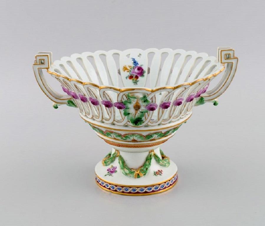 Empire Large Antique Meissen Compote in Openwork Porcelain with Hand-Painted Flowers