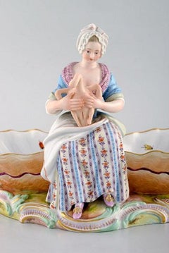 Large Antique Meissen Double Salt or Bowl Modelled with Woman Plucking a Goose