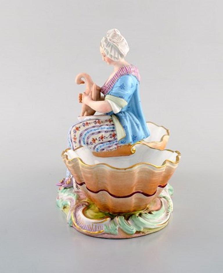 Rococo Large Antique Meissen Double Salt or Bowl Modelled with Woman Plucking a Goose