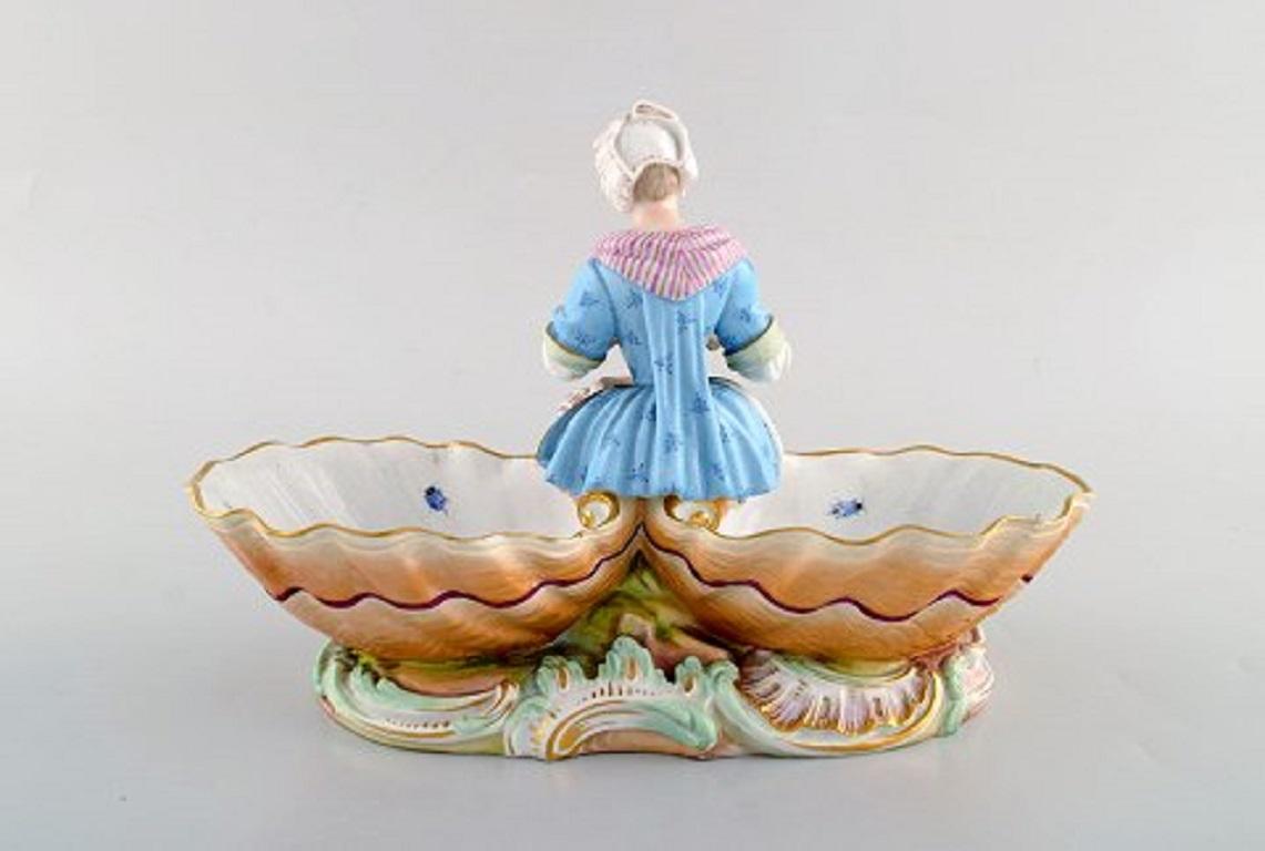 German Large Antique Meissen Double Salt or Bowl Modelled with Woman Plucking a Goose
