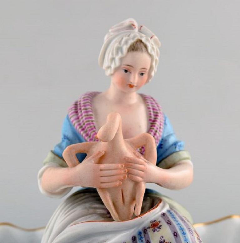 19th Century Large Antique Meissen Double Salt or Bowl Modelled with Woman Plucking a Goose