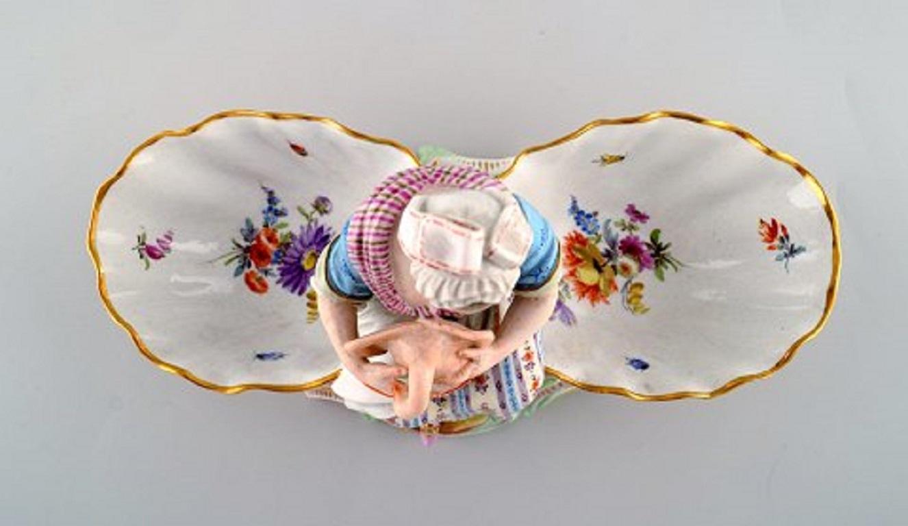 Porcelain Large Antique Meissen Double Salt or Bowl Modelled with Woman Plucking a Goose