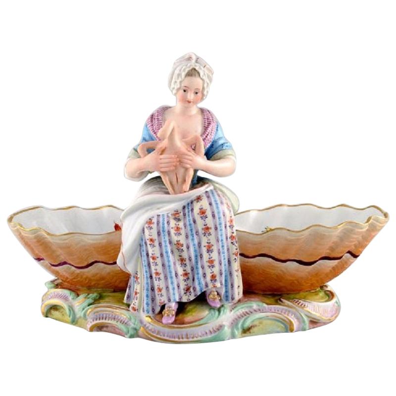 Large Antique Meissen Double Salt or Bowl Modelled with Woman Plucking a Goose