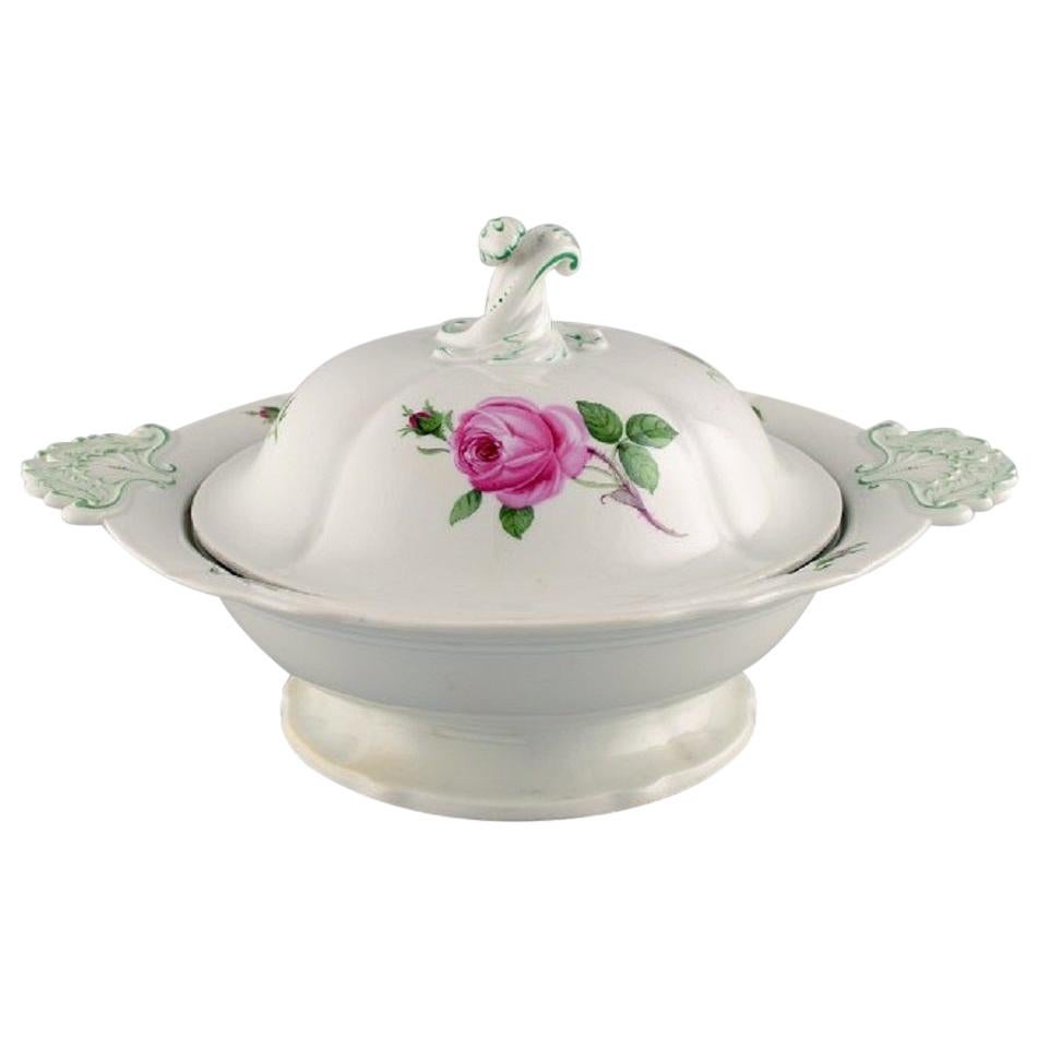 Large Antique Meissen Lidded Tureen in Hand Painted Porcelain with Pink Roses For Sale