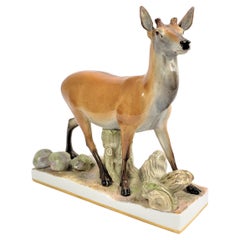 Large Antique Meissen Porcelain Standing Deer Figurine or Sculpture