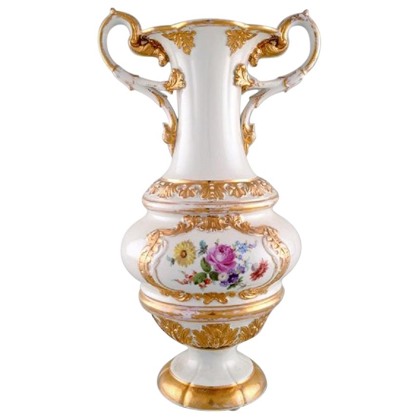 Large Antique Meissen Vase with Handles in Hand Painted Porcelain with Flowers