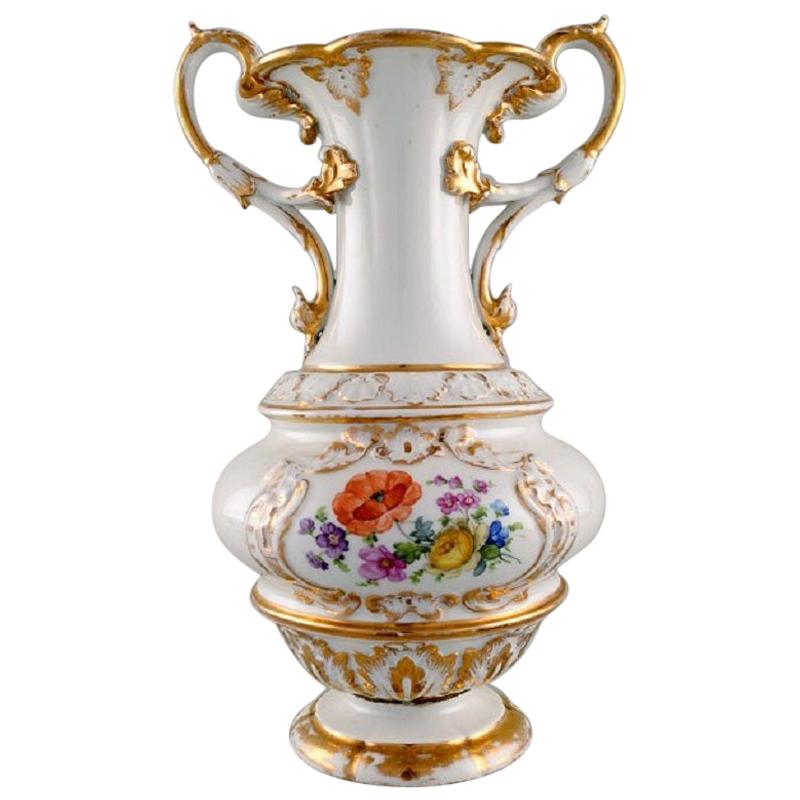 Large Antique Meissen Vase with Handles in Hand Painted Porcelain with Flowers