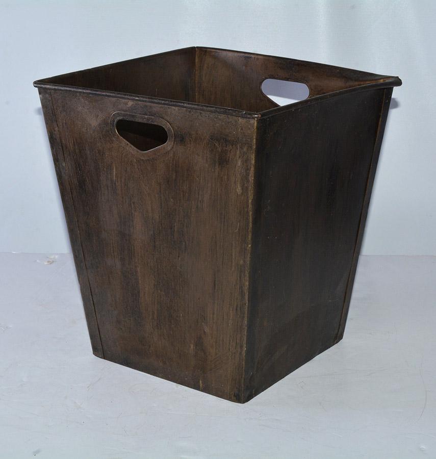 Rustic and elegant at the same time. Hint of gold gilt to bring style to what ordinarily would be a common wastebasket, trash basket or garbage can. The container can be used for storage purposes.