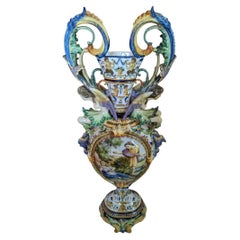Large Antique Mid 19th Century Italian Majolica Mythology Figural Vase