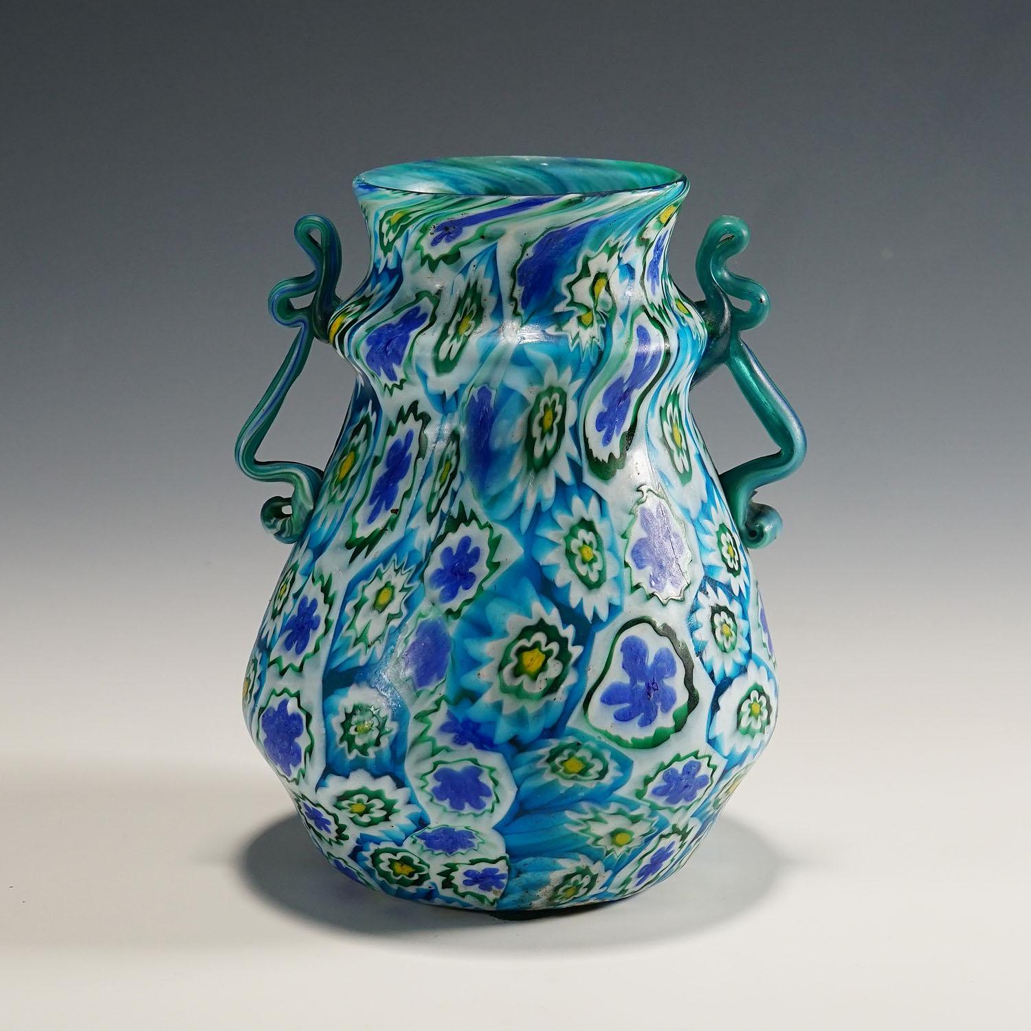 Mid-Century Modern Large Antique Millefiori Vase with Handles, Fratelli Toso Murano, 1910 For Sale