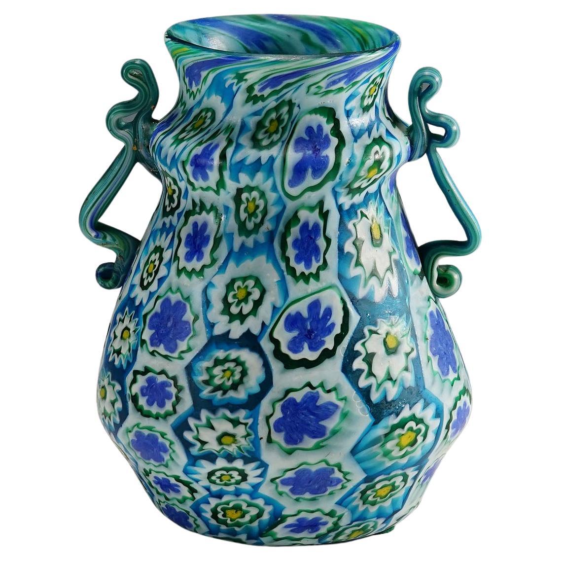 Large Antique Millefiori Vase with Handles, Fratelli Toso Murano, 1910 For Sale