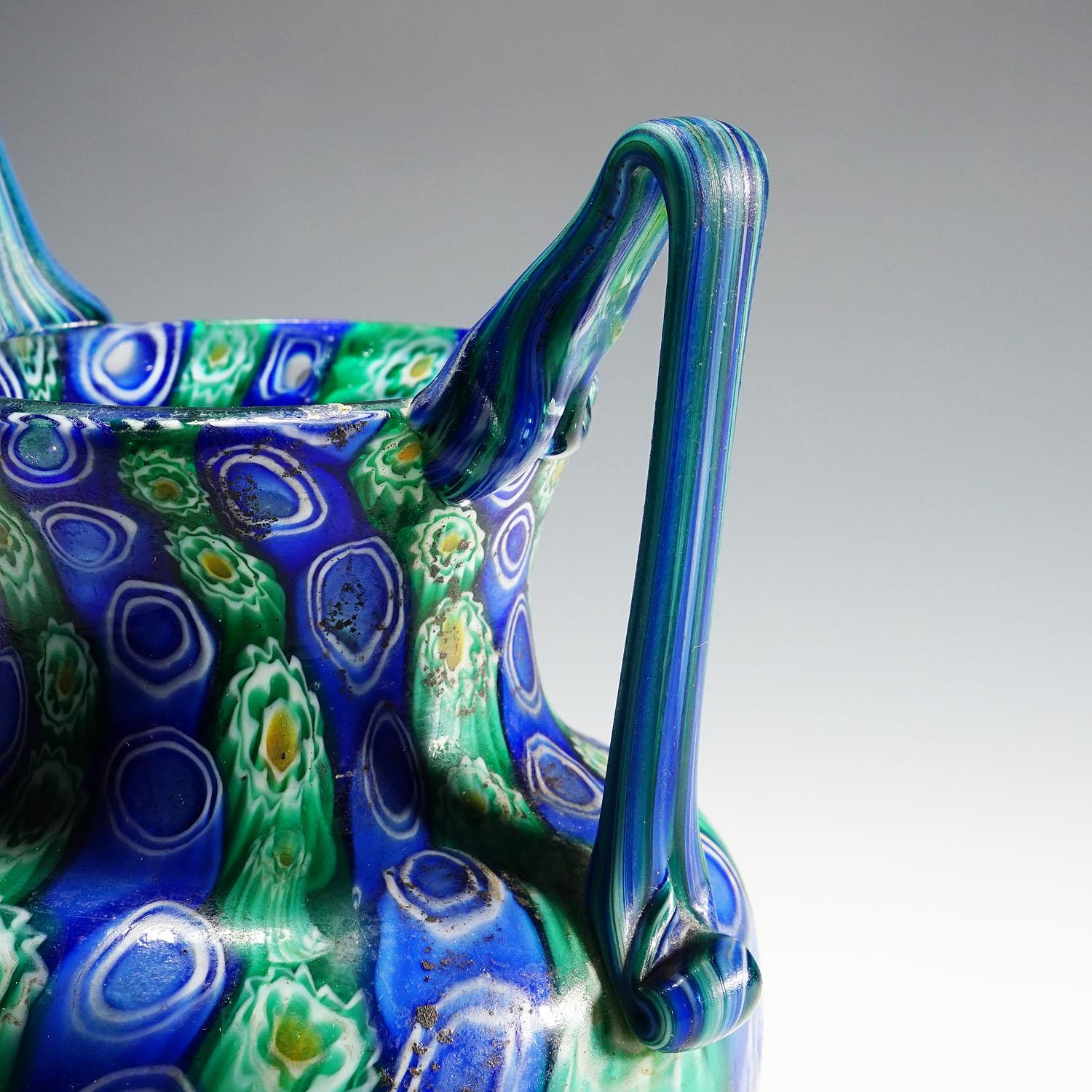 Art Glass Large Antique Millefiori Vase with Handles, Fratelli Toso Murano circa 1910 For Sale