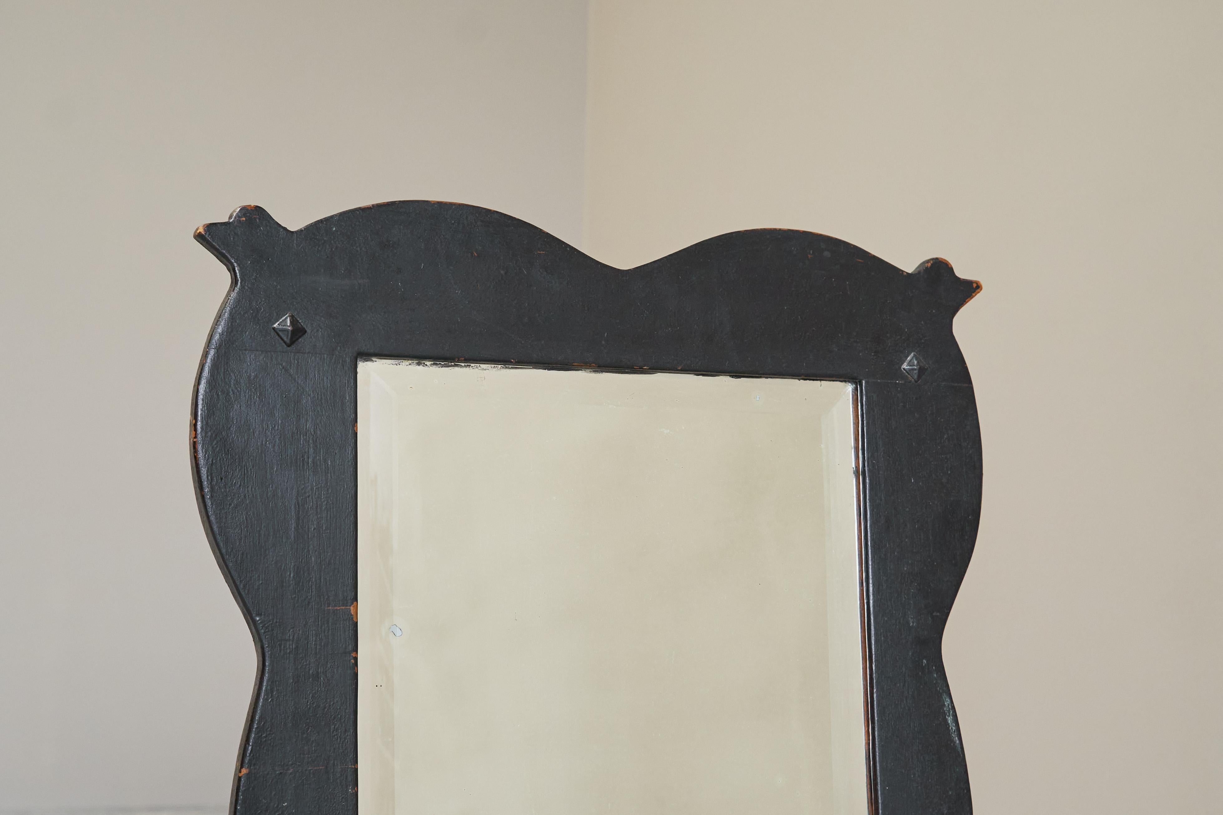 Hand-Crafted Large Antique Mirror in Ebonized Wood and Facetted and Weathered Mirror Glass For Sale