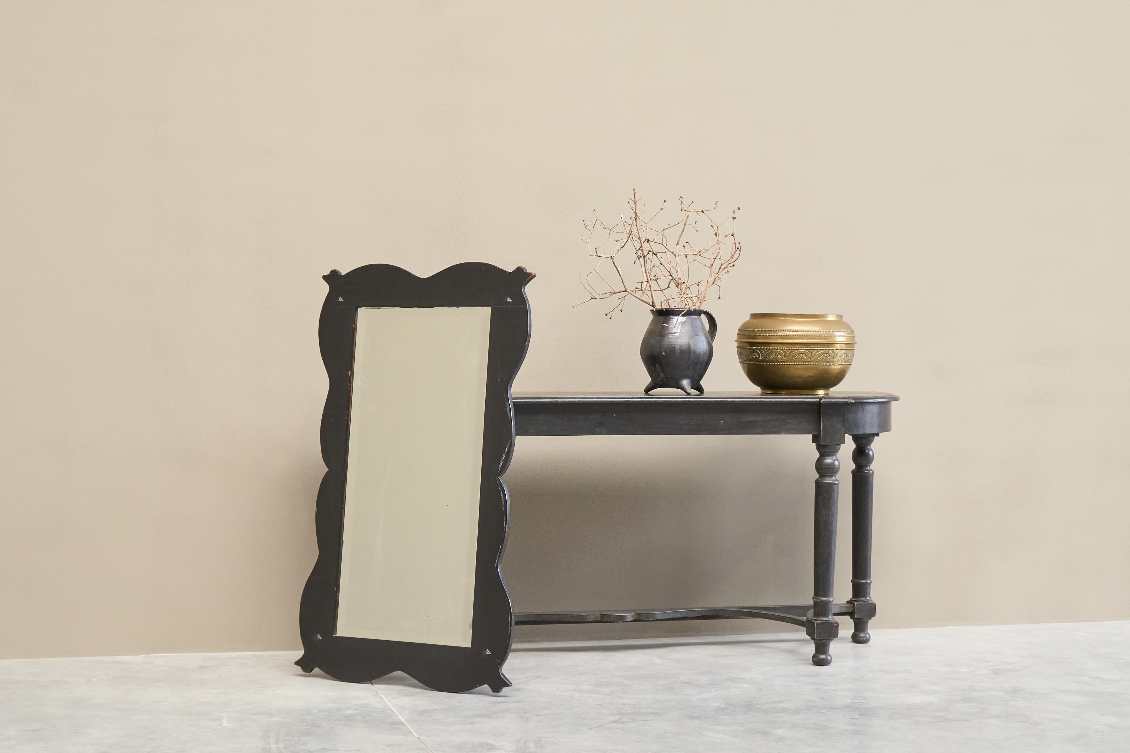 Large Antique Mirror in Ebonized Wood and Facetted and Weathered Mirror Glass For Sale 1