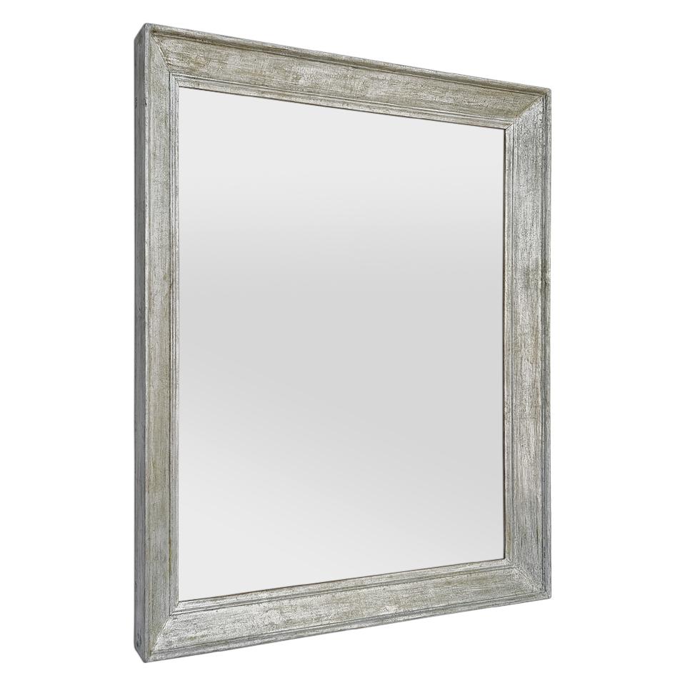 Large French antique mirror from the 50's in patinated silvered wood. Antique frame re-gilded with leaf. Frame width: 7 cm / 2.75 in. Modern glass mirror.