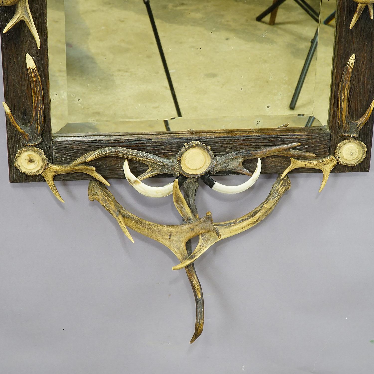 Carved Large Antique Mirror with Rustic Antler Decorations For Sale