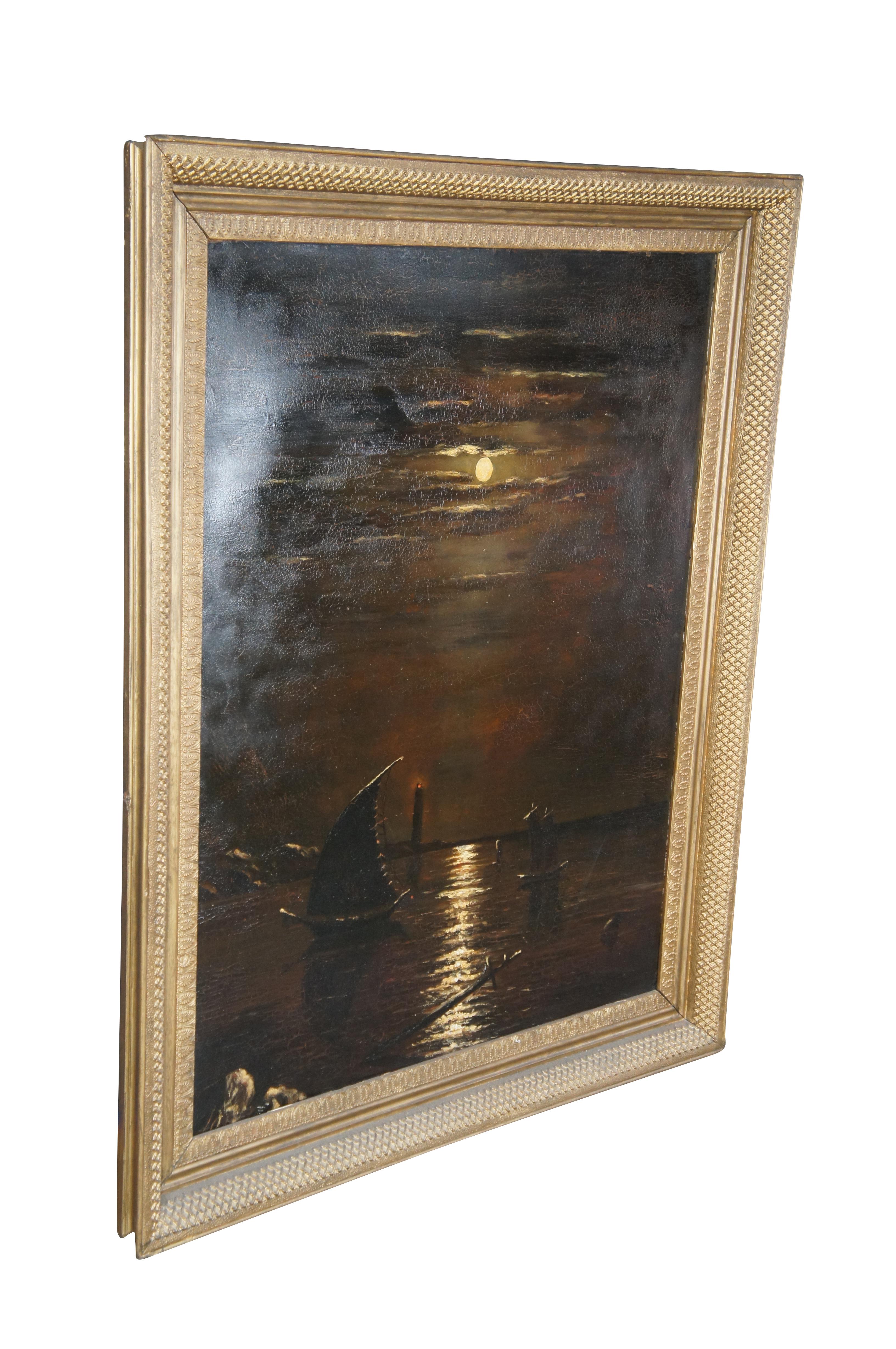 Late 19th to Early 20th Century Moonlight ocean painting.  An oil on board showcasing a calm harbor view over a full moon.  A sailboat can be seen in front of a lighthouse as well as sandpipers restings on posts from an old dock.  The painting is