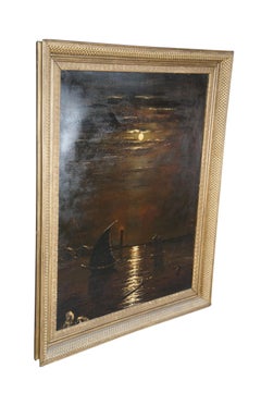 Large Antique Moonlight Oil On Board Seascape Painting Sailboat Framed 52"
