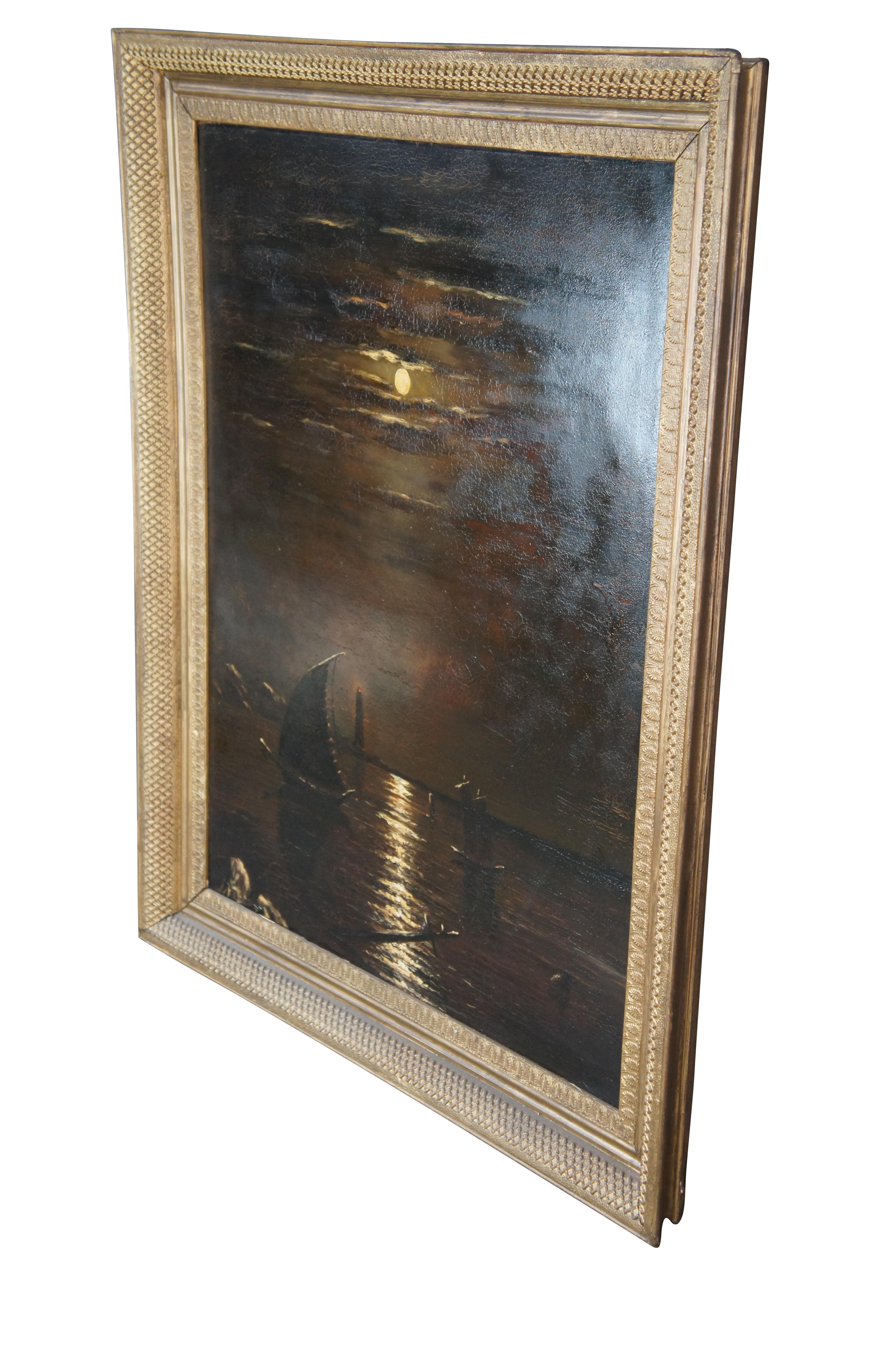 Hand-Painted Large Antique Moonlight Oil On Board Seascape Painting Sailboat Framed 52