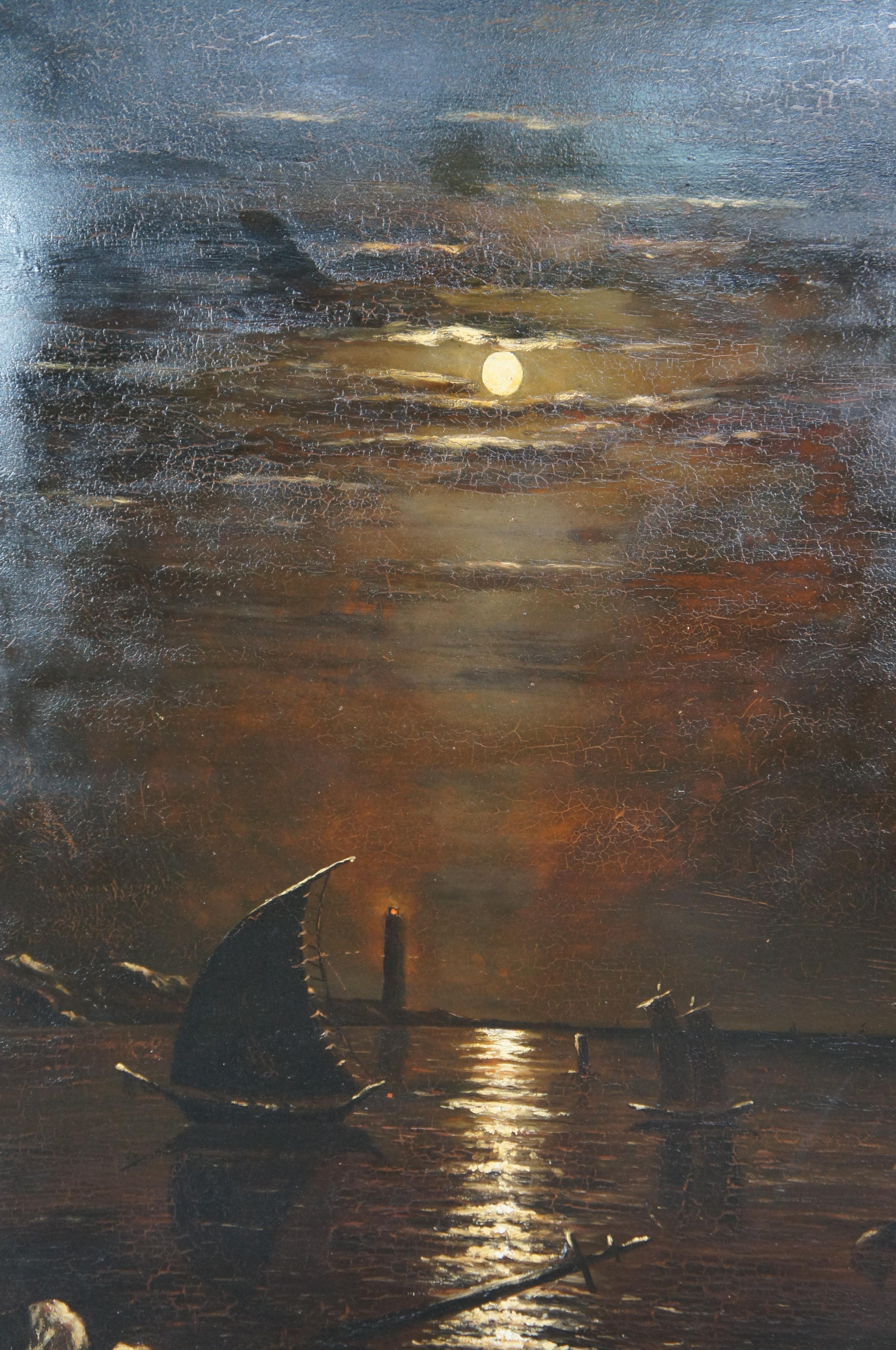 Large Antique Moonlight Oil On Board Seascape Painting Sailboat Framed 52