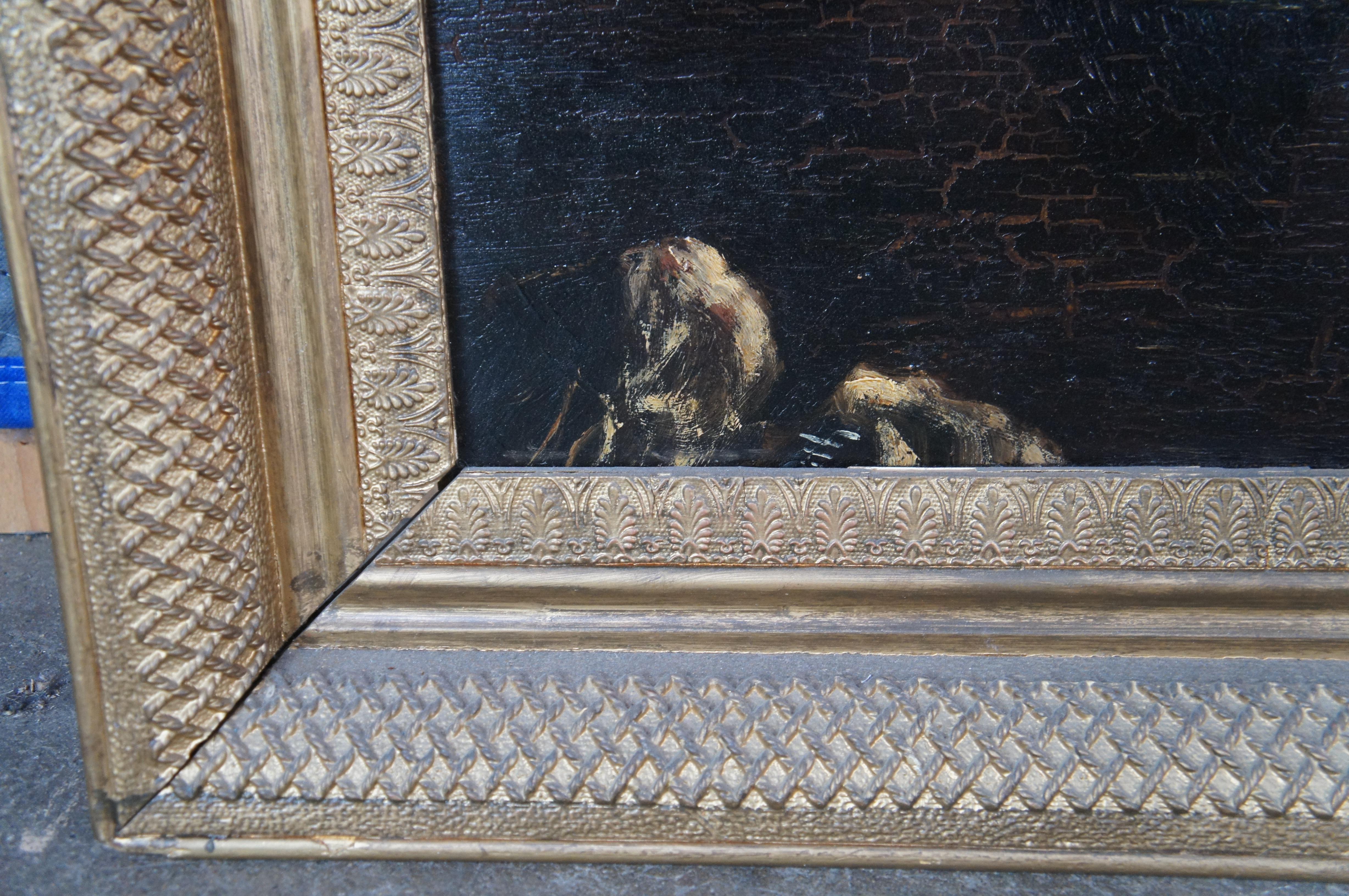 Hardwood Large Antique Moonlight Oil On Board Seascape Painting Sailboat Framed 52