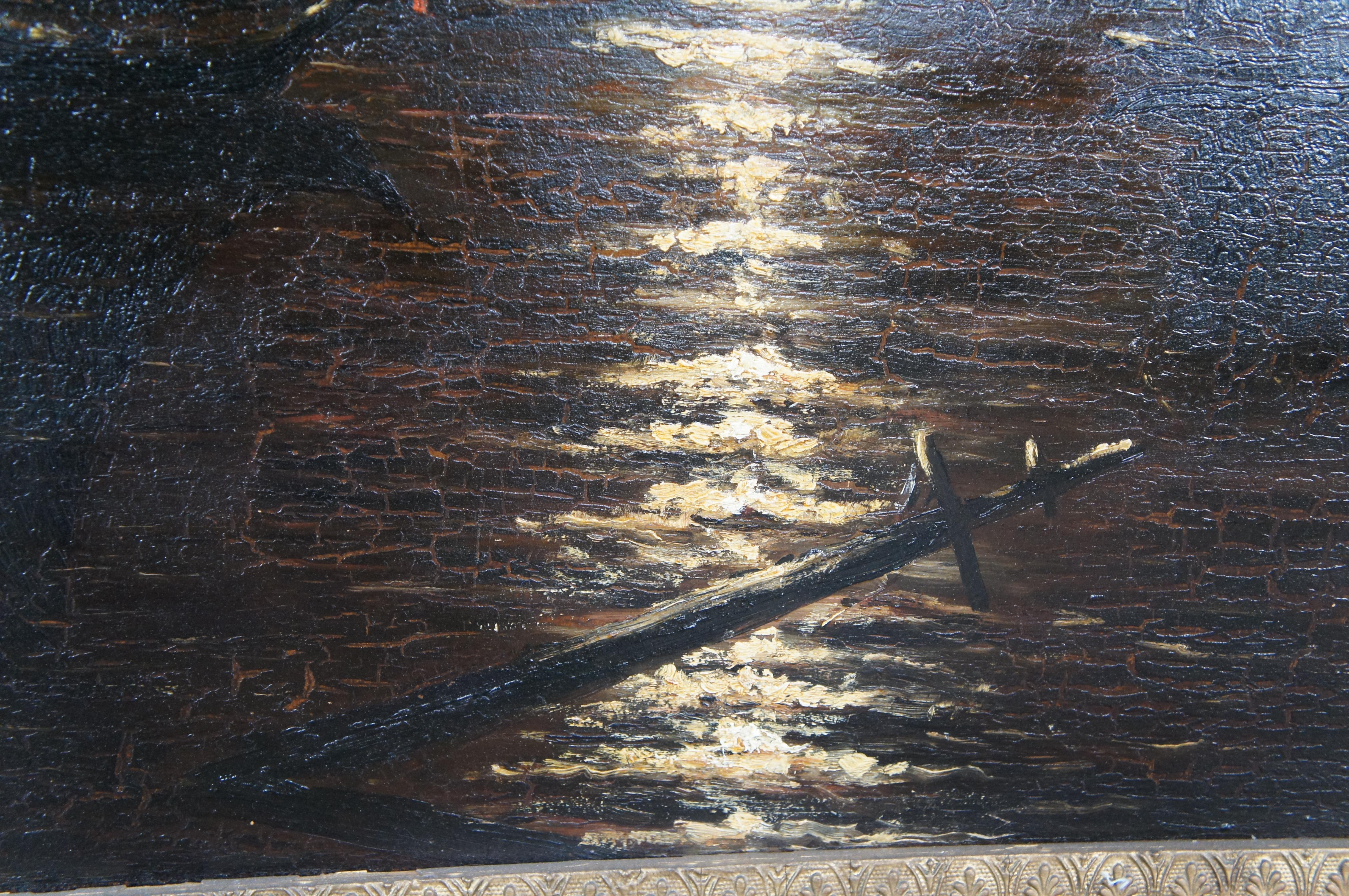 Large Antique Moonlight Oil On Board Seascape Painting Sailboat Framed 52