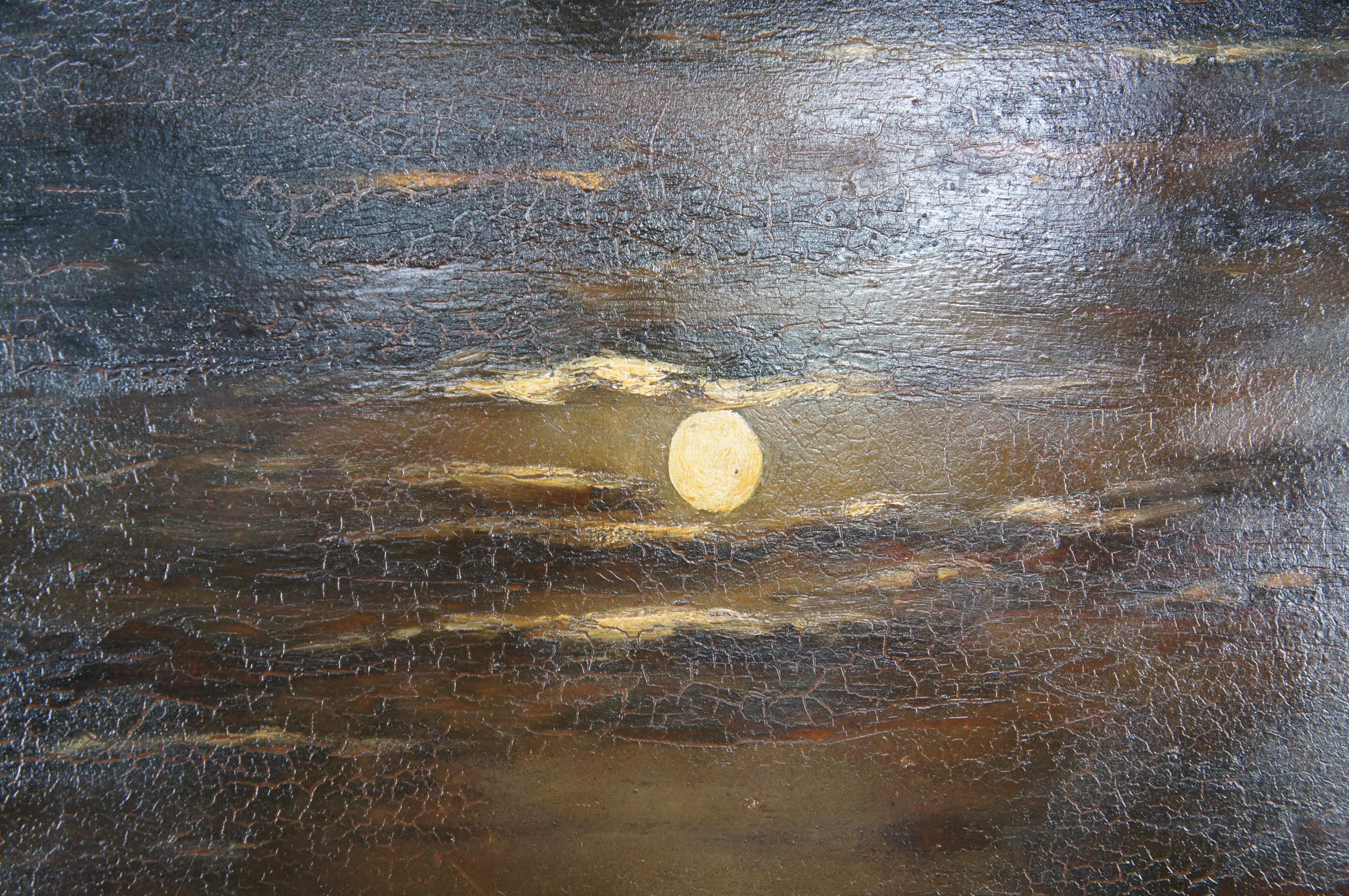 Large Antique Moonlight Oil On Board Seascape Painting Sailboat Framed 52