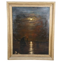 Large Antique Moonlight Oil On Board Seascape Painting Sailboat Framed 52"