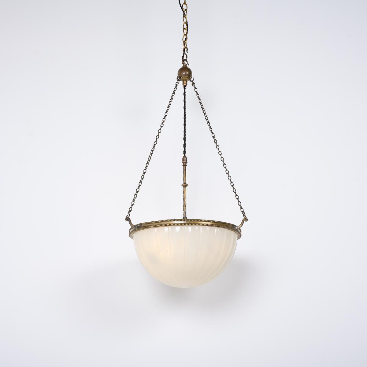 Large Antique Moonstone Glass Plafonnier Pendant Light With Aged Brass Fittings 4