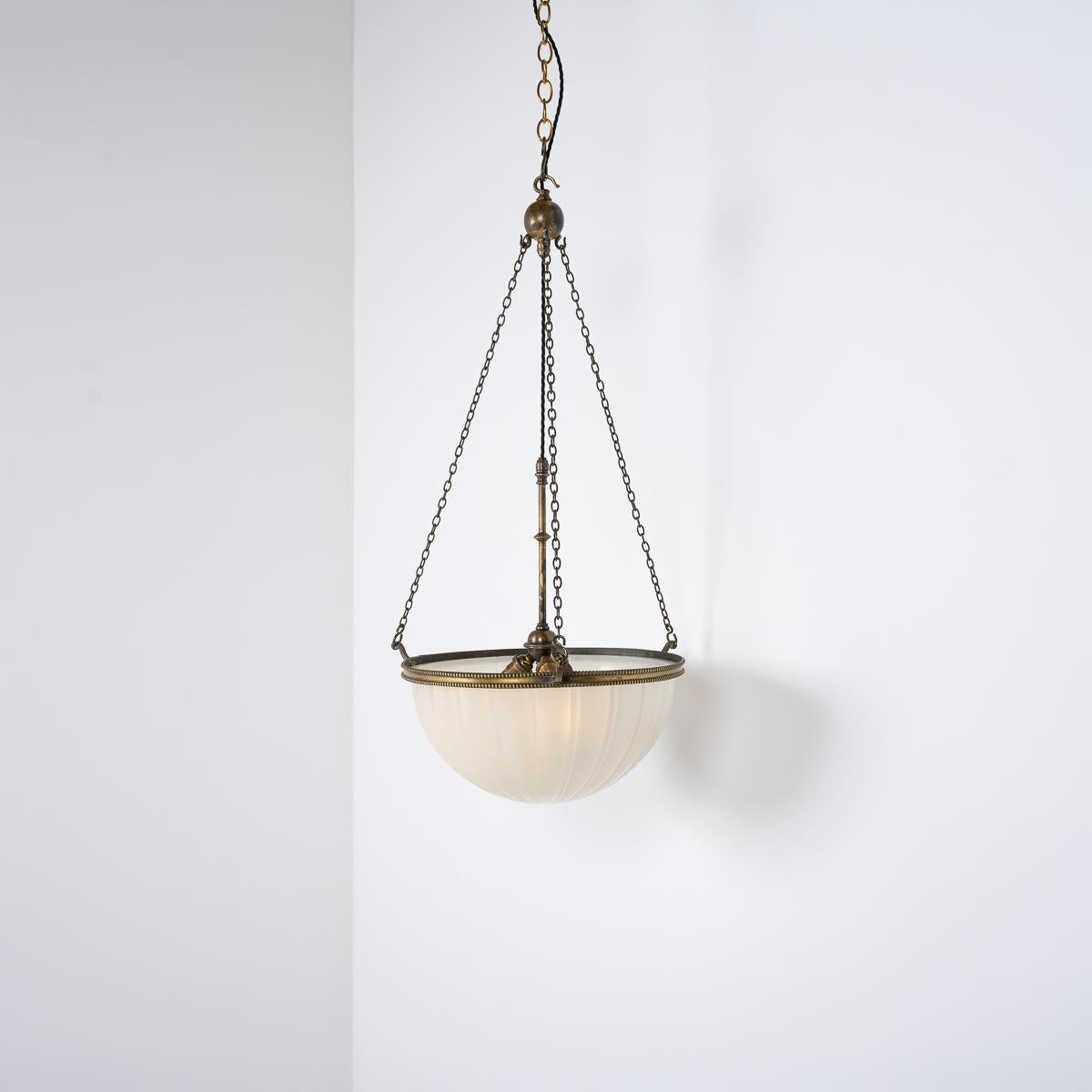 Large Antique Moonstone Glass Plafonnier Pendant Light With Aged Brass Fittings 7