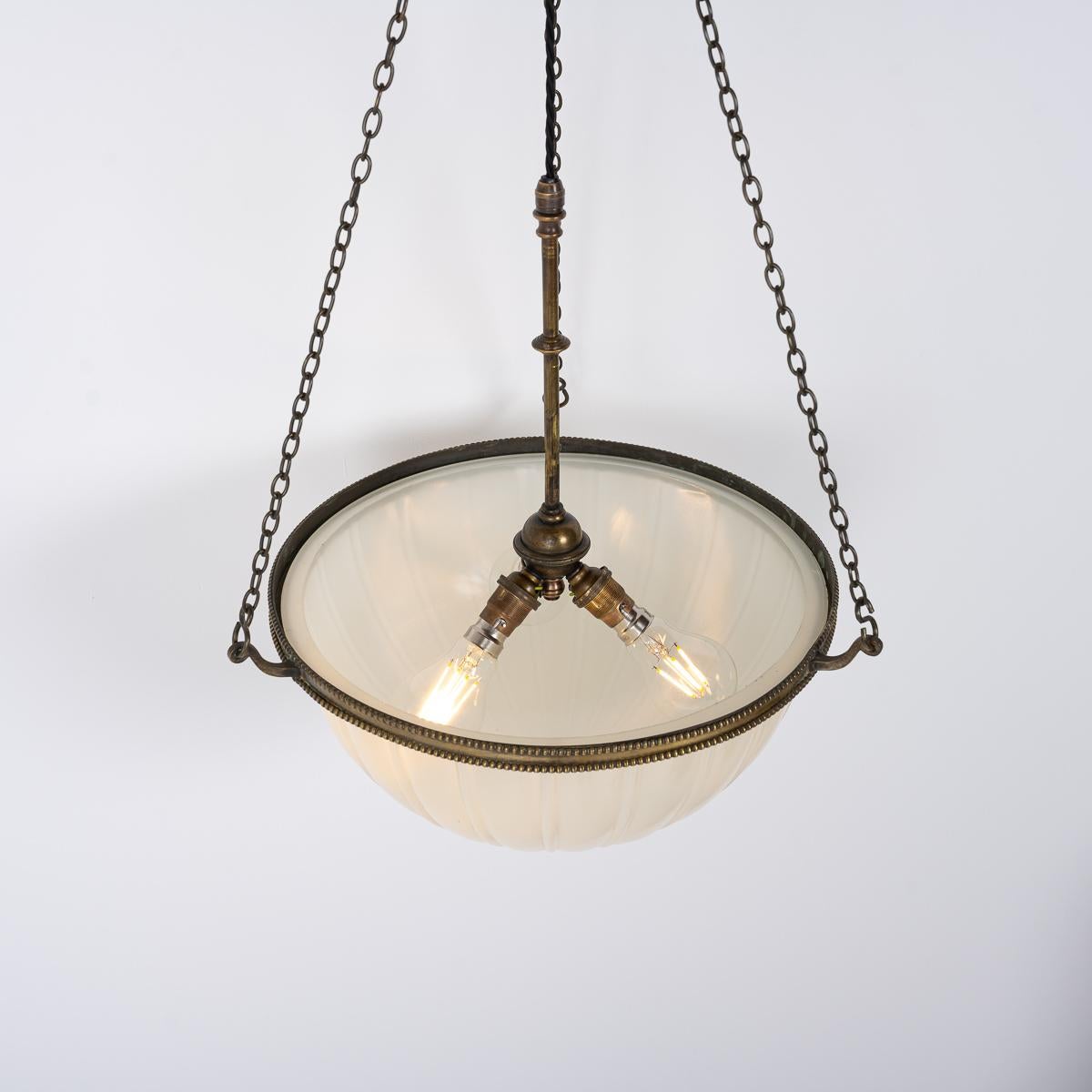 Large Antique Moonstone Glass Plafonnier Pendant Light With Aged Brass Fittings 9