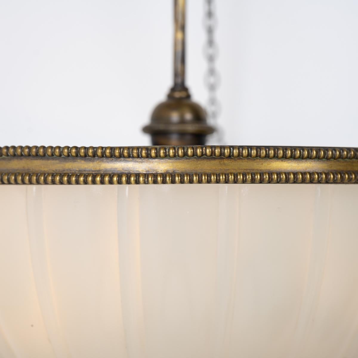Large Antique Moonstone Glass Plafonnier Pendant Light With Aged Brass Fittings 11