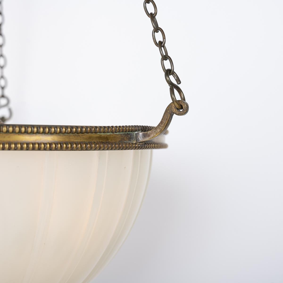 Large Antique Moonstone Glass Plafonnier Pendant Light With Aged Brass Fittings 13
