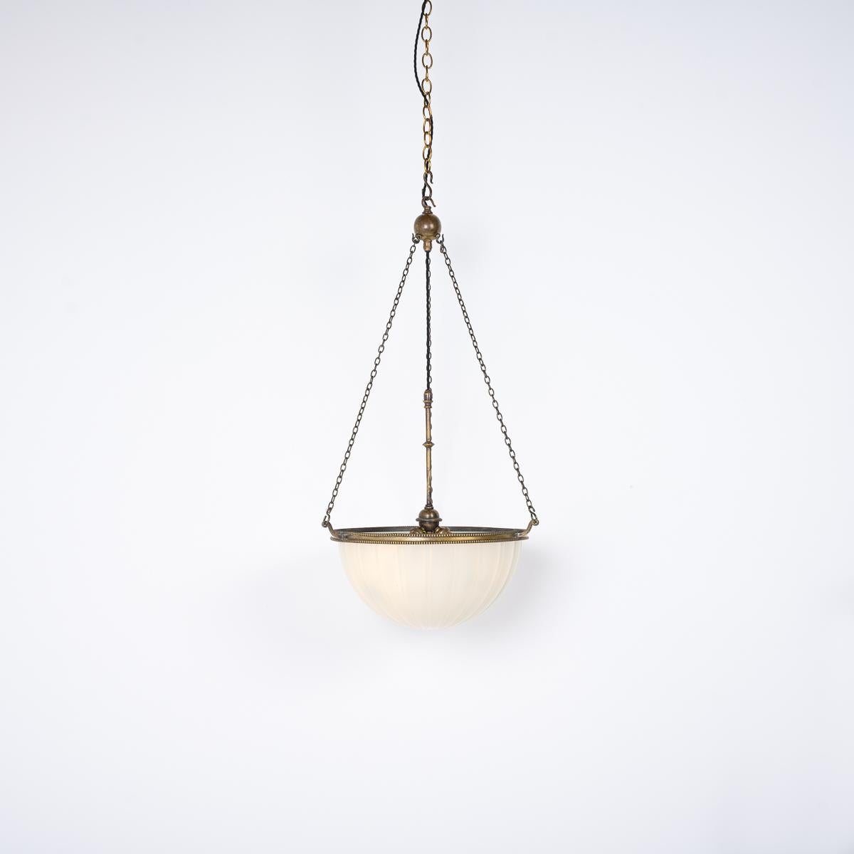 Art Deco Large Antique Moonstone Glass Plafonnier Pendant Light With Aged Brass Fittings